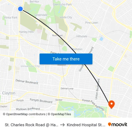 St. Charles Rock Road @ Hanley Eb to Kindred Hospital St. Louis map