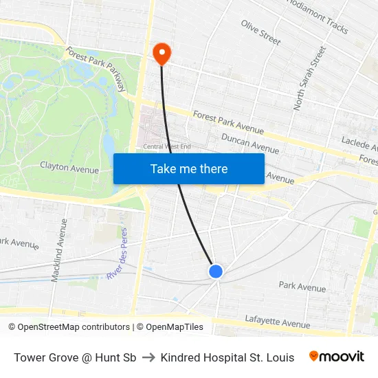 Tower Grove @ Hunt Sb to Kindred Hospital St. Louis map