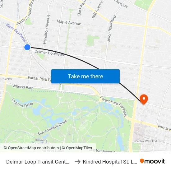 Delmar Loop Transit Center Wb to Kindred Hospital St. Louis map