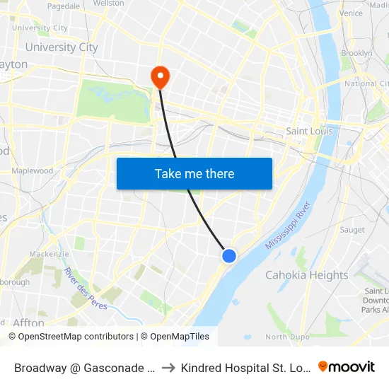 Broadway @ Gasconade Nb to Kindred Hospital St. Louis map