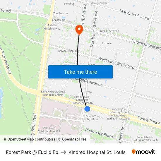 Forest Park @ Euclid Eb to Kindred Hospital St. Louis map