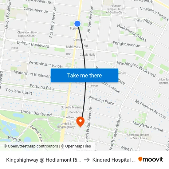 Kingshighway @ Hodiamont Right Of Way Sb to Kindred Hospital St. Louis map