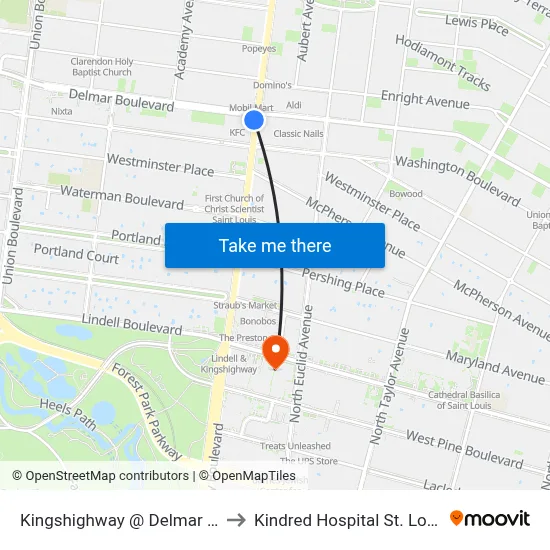 Kingshighway @ Delmar Sb to Kindred Hospital St. Louis map