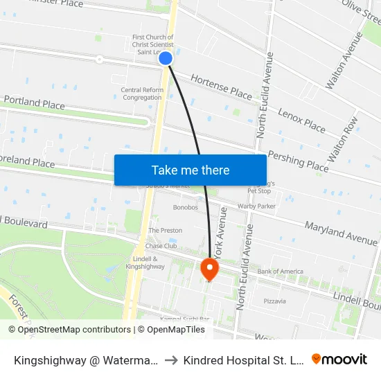 Kingshighway @ Waterman Sb to Kindred Hospital St. Louis map