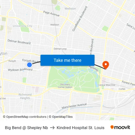 Big Bend @ Shepley Nb to Kindred Hospital St. Louis map