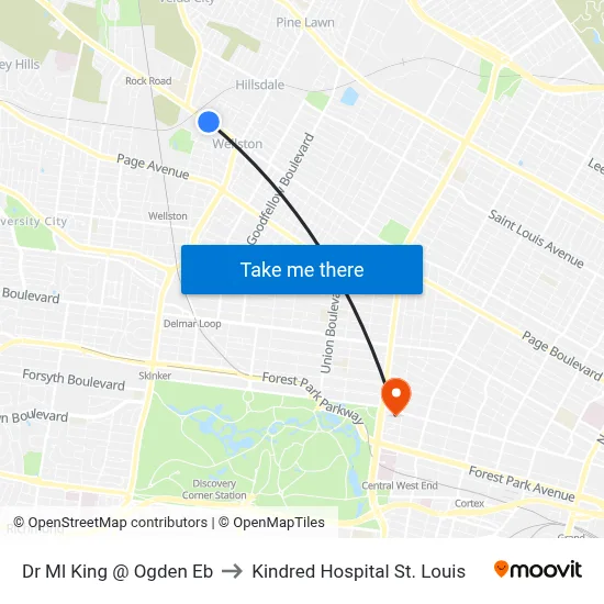 Dr Ml King @ Ogden Eb to Kindred Hospital St. Louis map