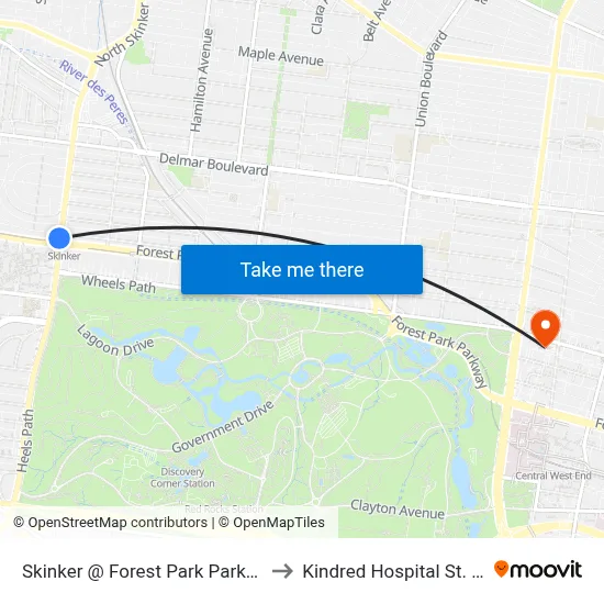 Skinker @ Forest Park Parkway Sb to Kindred Hospital St. Louis map