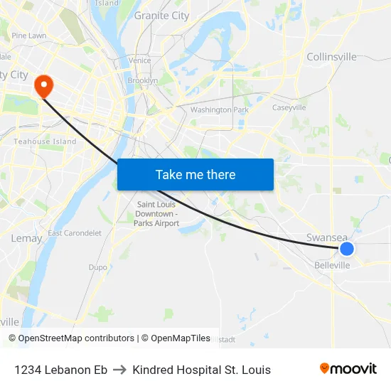 1234 Lebanon Eb to Kindred Hospital St. Louis map