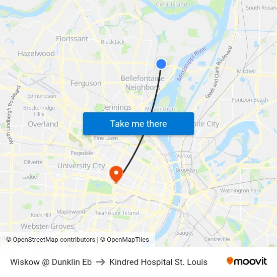 Wiskow @ Dunklin Eb to Kindred Hospital St. Louis map