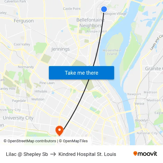 Lilac @ Shepley Sb to Kindred Hospital St. Louis map