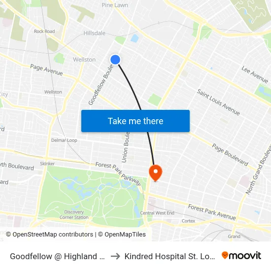 Goodfellow @ Highland Nb to Kindred Hospital St. Louis map