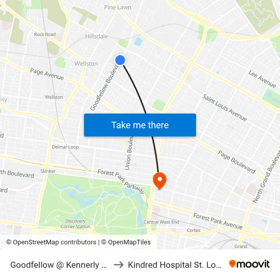Goodfellow @ Kennerly Nb to Kindred Hospital St. Louis map
