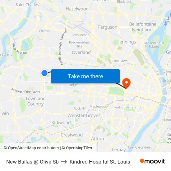New Ballas @ Olive Sb to Kindred Hospital St. Louis map