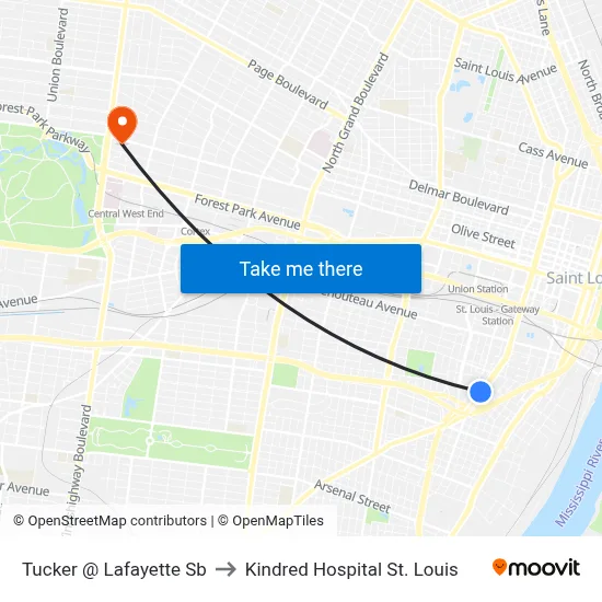 Tucker @ Lafayette Sb to Kindred Hospital St. Louis map