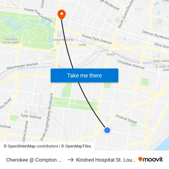 Cherokee @ Compton Wb to Kindred Hospital St. Louis map