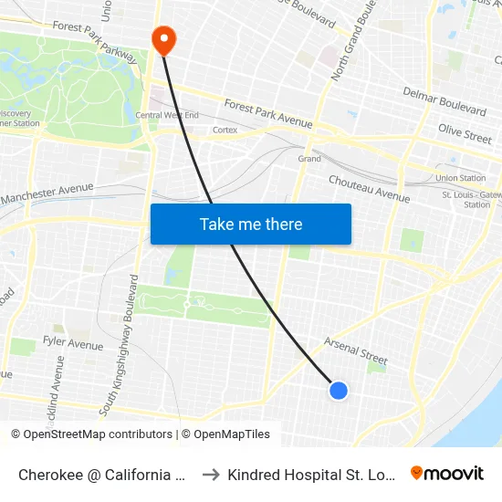 Cherokee @ California Wb to Kindred Hospital St. Louis map