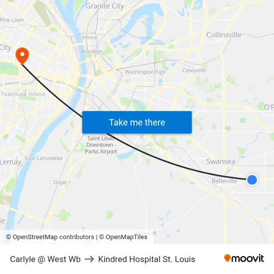 Carlyle @ West Wb to Kindred Hospital St. Louis map