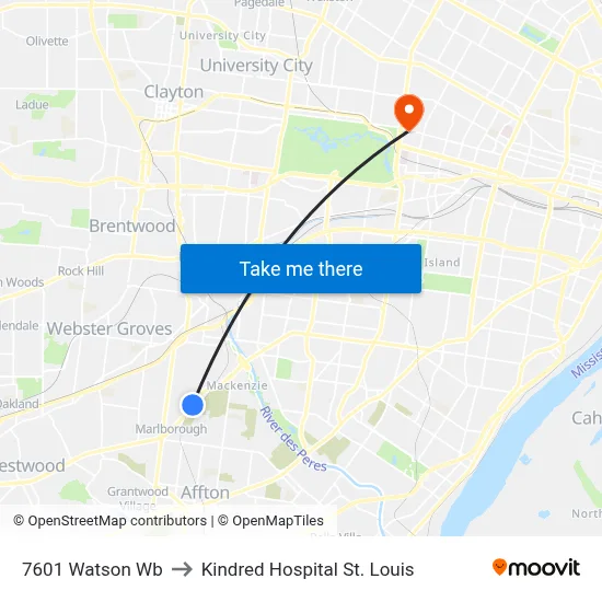 7601 Watson Wb to Kindred Hospital St. Louis map