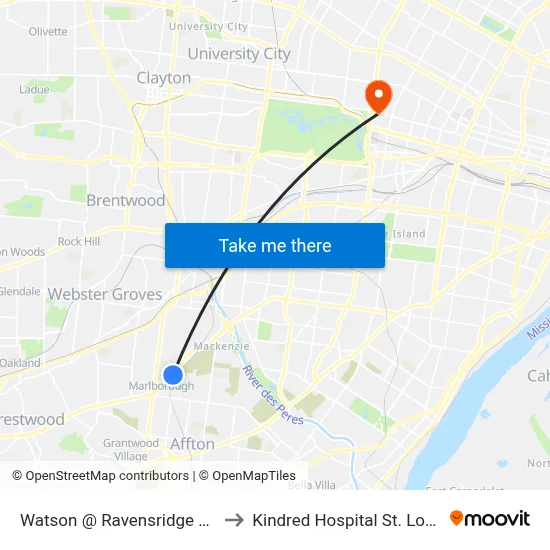 Watson @ Ravensridge Wb to Kindred Hospital St. Louis map
