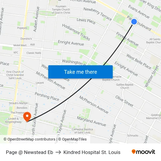 Page @ Newstead Eb to Kindred Hospital St. Louis map