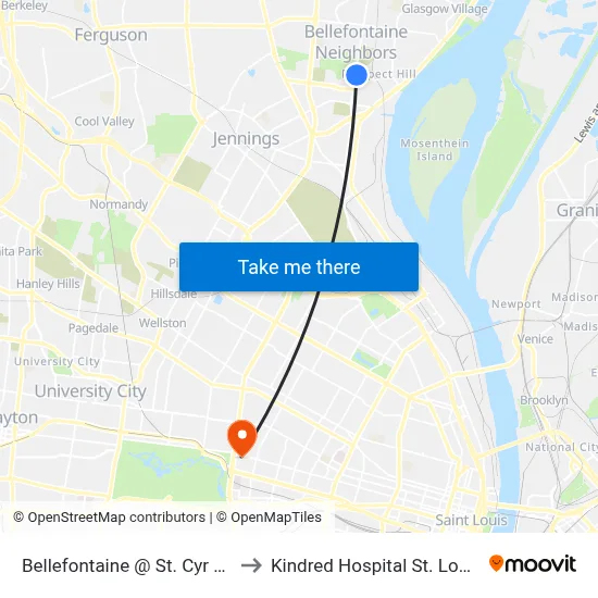 Bellefontaine @ St. Cyr Sb to Kindred Hospital St. Louis map