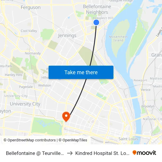 Bellefontaine @ Teurville Sb to Kindred Hospital St. Louis map