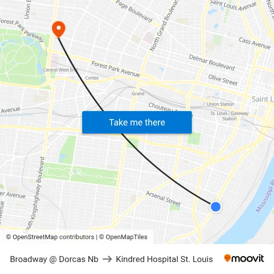Broadway @ Dorcas Nb to Kindred Hospital St. Louis map