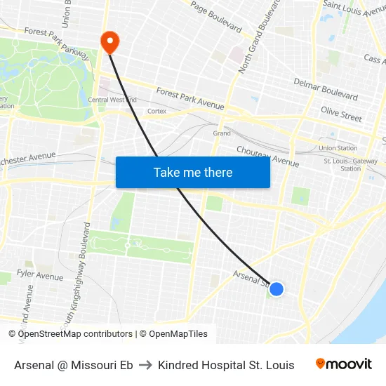 Arsenal @ Missouri Eb to Kindred Hospital St. Louis map