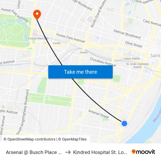 Arsenal @ Busch Place Eb to Kindred Hospital St. Louis map