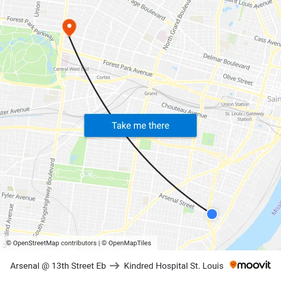Arsenal @ 13th Street Eb to Kindred Hospital St. Louis map
