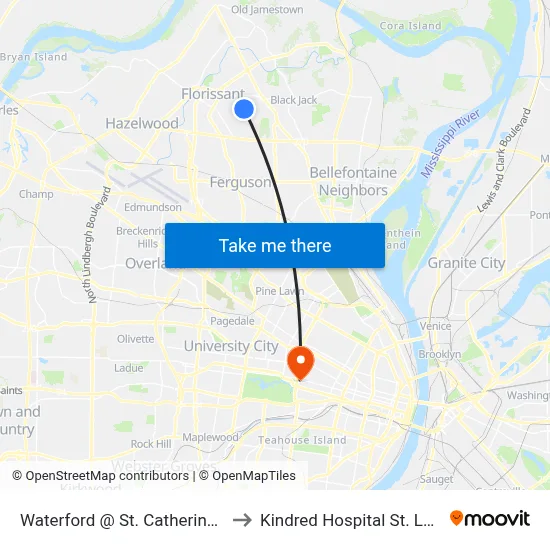 Waterford @ St. Catherine Sb to Kindred Hospital St. Louis map
