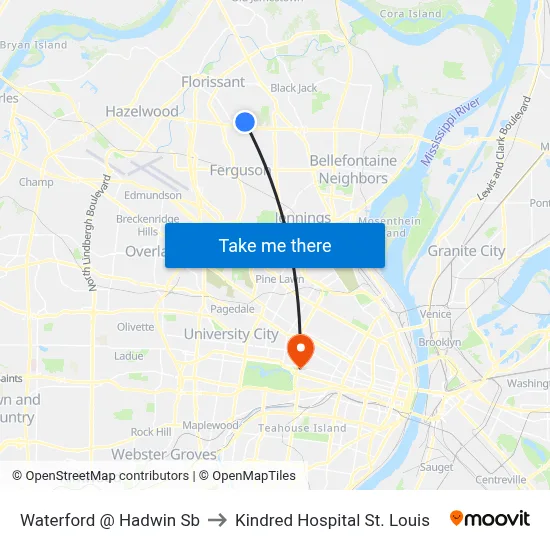Waterford @ Hadwin Sb to Kindred Hospital St. Louis map