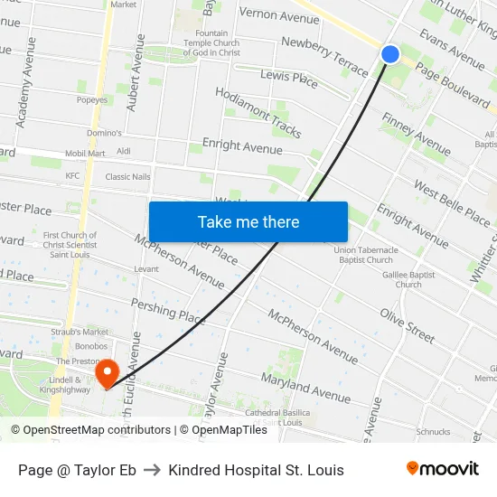 Page @ Taylor Eb to Kindred Hospital St. Louis map