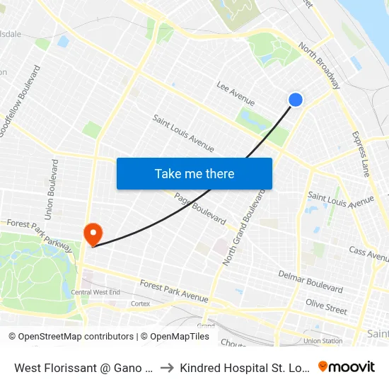 West Florissant @ Gano Nb to Kindred Hospital St. Louis map