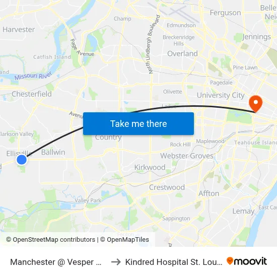 Manchester @ Vesper Wb to Kindred Hospital St. Louis map
