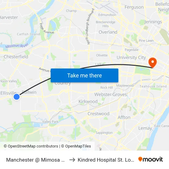 Manchester @ Mimosa Wb to Kindred Hospital St. Louis map