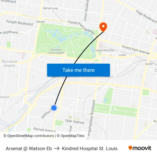 Arsenal @ Watson Eb to Kindred Hospital St. Louis map