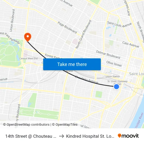 14th Street @ Chouteau Sb to Kindred Hospital St. Louis map