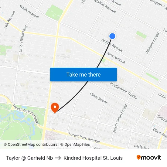 Taylor @ Garfield Nb to Kindred Hospital St. Louis map