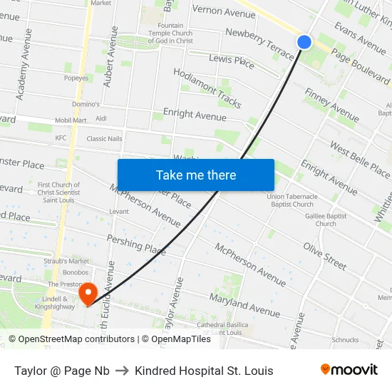 Taylor @ Page Nb to Kindred Hospital St. Louis map