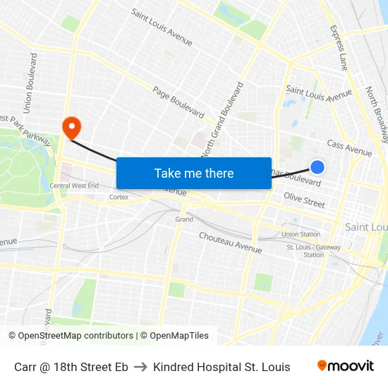 Carr @ 18th Street Eb to Kindred Hospital St. Louis map