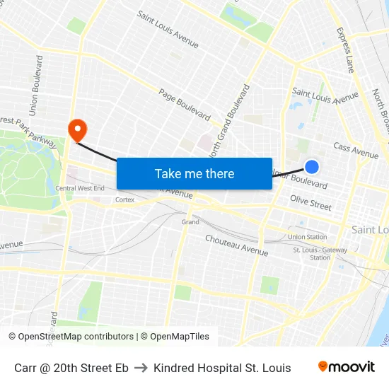 Carr @ 20th Street Eb to Kindred Hospital St. Louis map