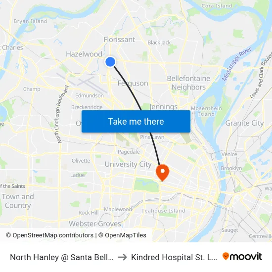 North Hanley @ Santa Bella Sb to Kindred Hospital St. Louis map