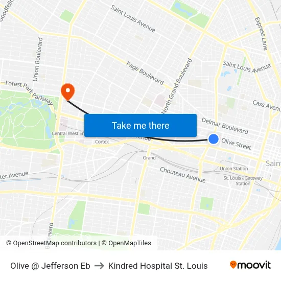 Olive @ Jefferson Eb to Kindred Hospital St. Louis map