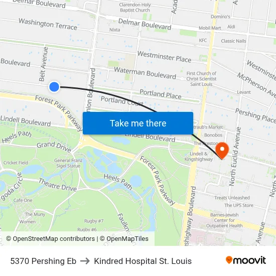 5370 Pershing Eb to Kindred Hospital St. Louis map