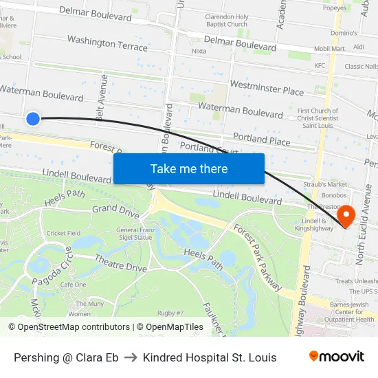 Pershing @ Clara Eb to Kindred Hospital St. Louis map