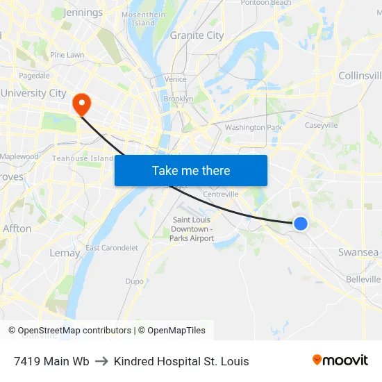 7419 Main Wb to Kindred Hospital St. Louis map