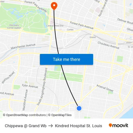 Chippewa @ Grand Wb to Kindred Hospital St. Louis map