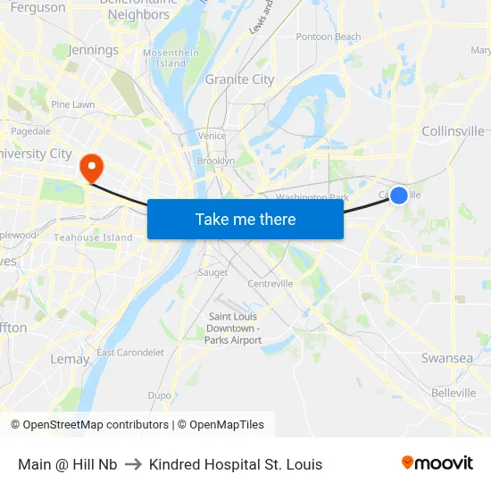 Main @ Hill Nb to Kindred Hospital St. Louis map
