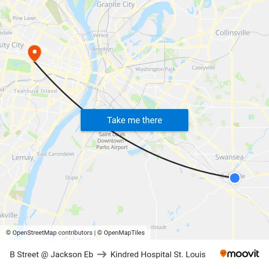 B Street @ Jackson Eb to Kindred Hospital St. Louis map